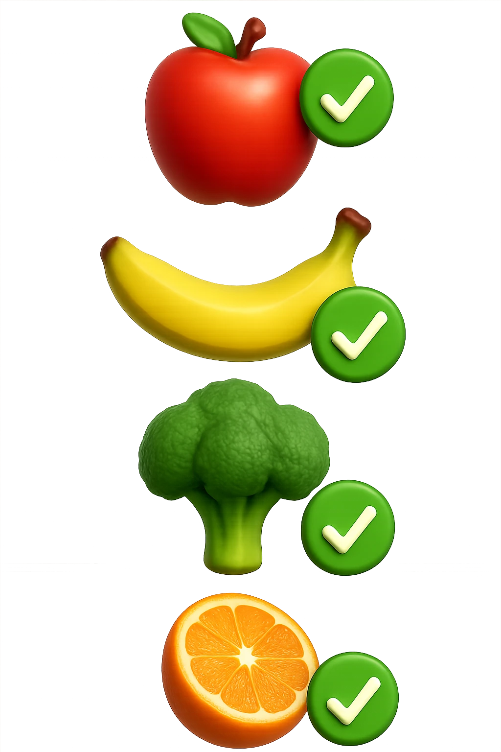 emoji stile iphone in 3d di cibo sano che fluttua in aria vericalmente insieme a spunte verdi di verificato, iperrealistico 4k emoji