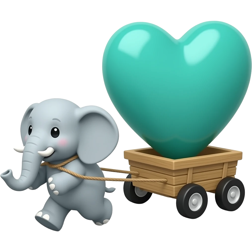 Teal blue and green heart with a teeny tiny cutest elephant towing with a rope  the heart  behind him on a wagon, large heart, smaller wagon emoji