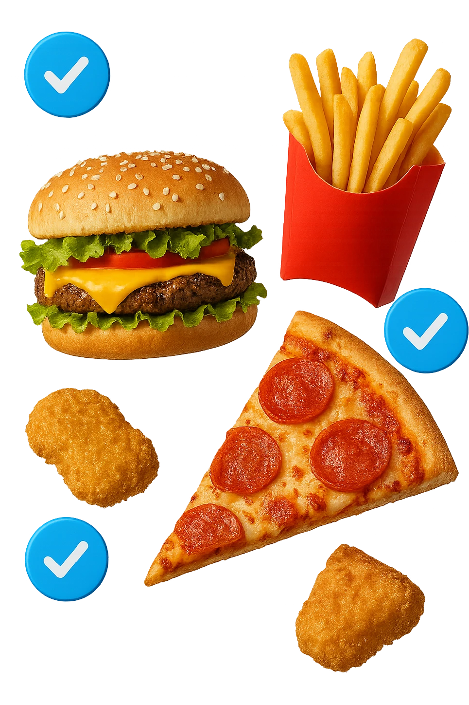 fast food realistico fluttua in aria insieme a spunte di verificato in 3d emoji