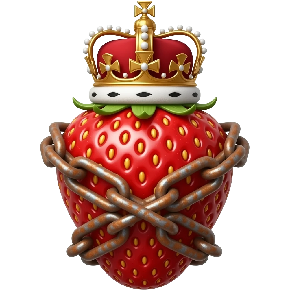 a strawberry made of gold with a rusty, richly decorated English royal crown on top that is flaming. An oversized rusty chain is wrapped around the strawberry's body and is spinning around its body emoji
