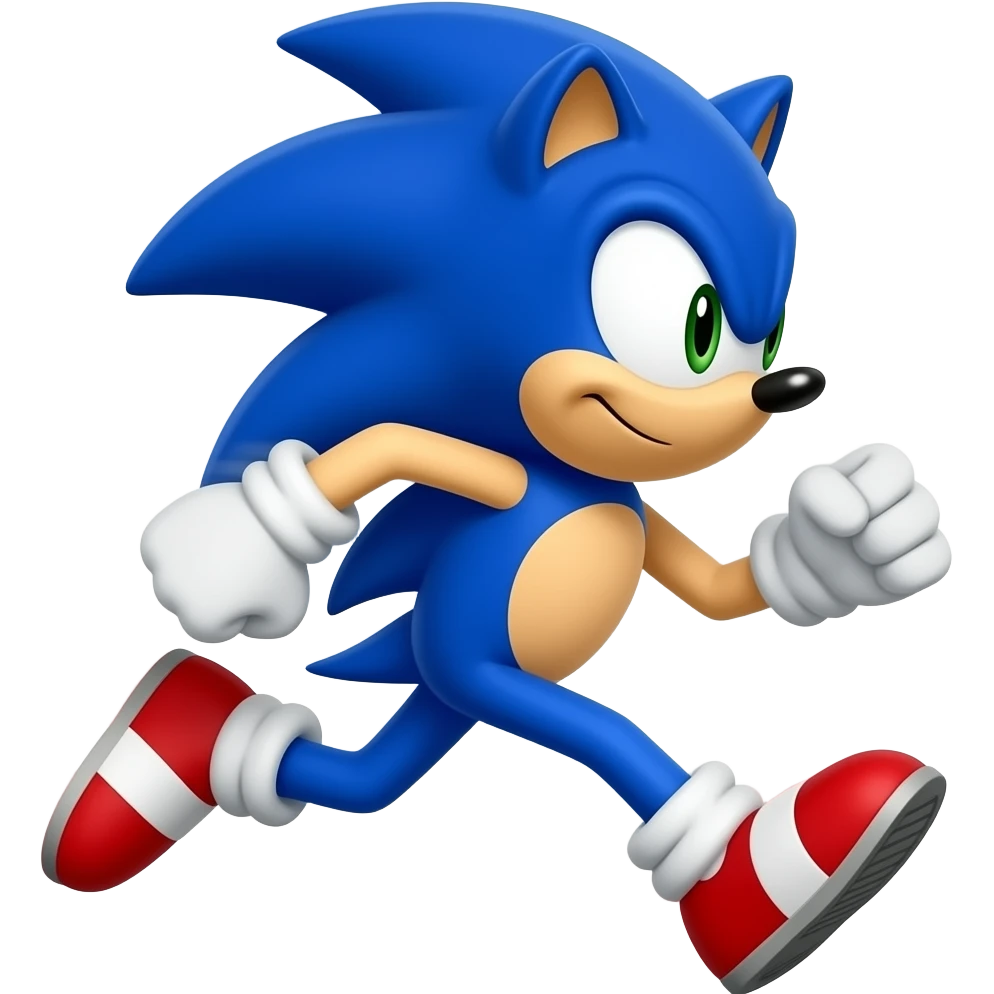 Blue cartoon hedgehog running at high speed, motion blur, red shoes, glossy emoji render emoji