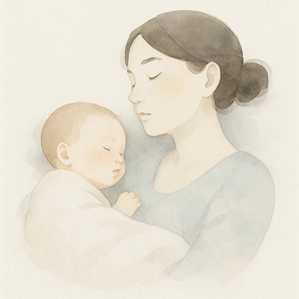 madre y bebé durmiendo juntos, estilo acuarela suave, tonos pastel, atmósfera tranquila y serena emoji