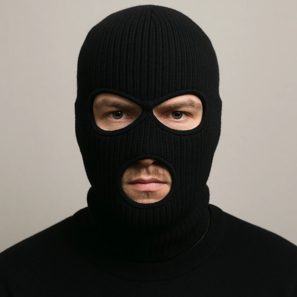 a white man wearing a black ski mask, neutral background emoji