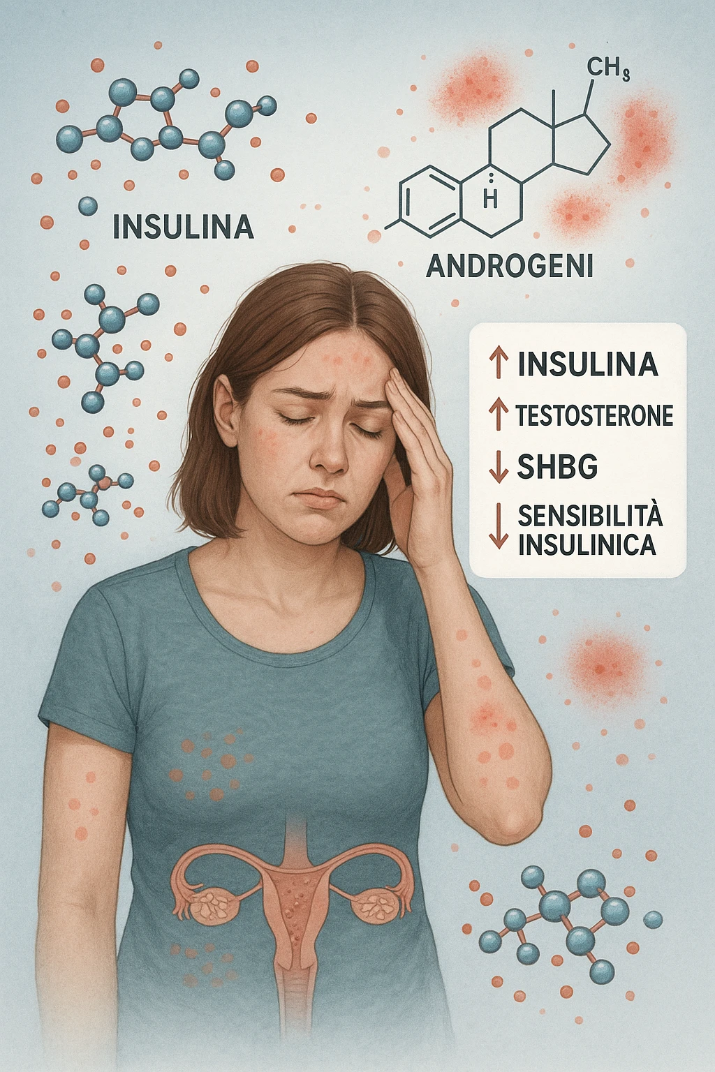 Donna tra i 25 e i 35 anni in primo piano, con espressione affaticata. Intorno al suo corpo appaiono in modo stilizzato e simbolico squilibri ormonali: molecole di insulina in eccesso fluttuano attorno, androgeni (testosterone) evidenziati sopra la testa, segnali visivi di infiammazione cronica lieve. Sopra le ovaie (visibili in trasparenza) compaiono piccole cisti multiple. Accanto a lei, un diagramma stilizzato mostra: '↑ Insulina', '↑ Testosterone', '↓ SHBG', '↓ Sensibilità insulinica'. L’atmosfera è scientifica, educativa ma empatica. Stile realistico con elementi infografici fluttuanti e colori freddi ma puliti. in italiano emoji