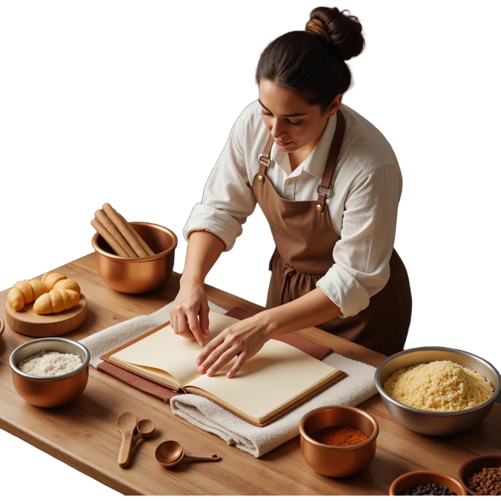 A confident journeyman baker working with copper mixing bowls, enamel measuring cups, and a leather-bound recipe book. The environment features warm lighting, brass utensils, and stitched cloth textures. UI elements resemble embossed leather tabs and metallic buttons. emoji
