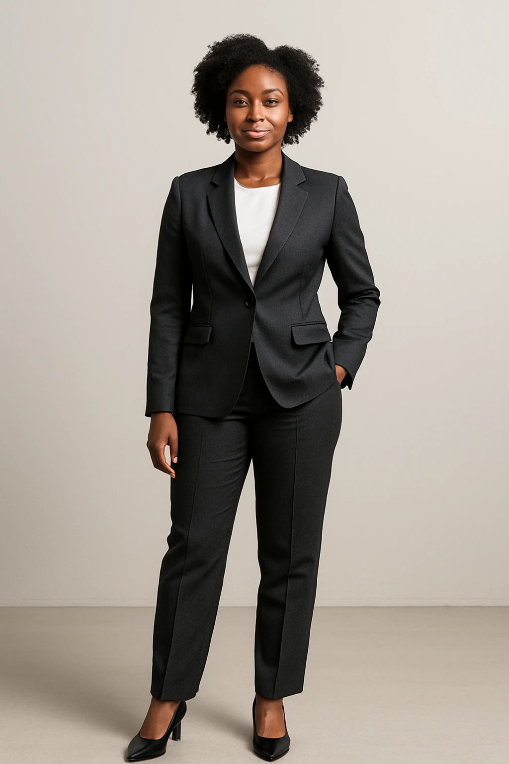 black woman in a smart suit and shoes, standing, modern business attire, minimal background emoji
