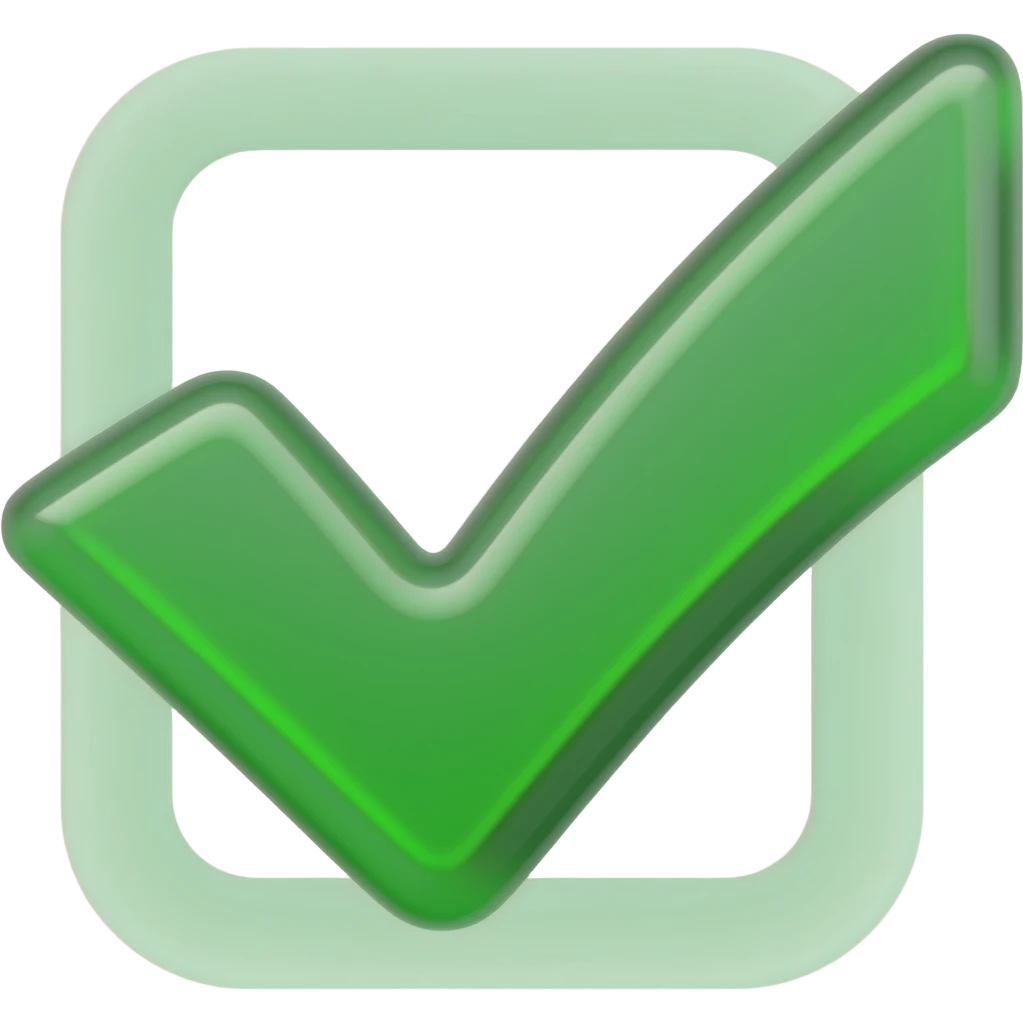 Luxury 3D abstract icon, liquid glass checkmark, deep emerald and lime green gradients, glossy surface with soft internal glow, fluid shapes, isolated on transparent background, modern AI assistant style, elegant. emoji