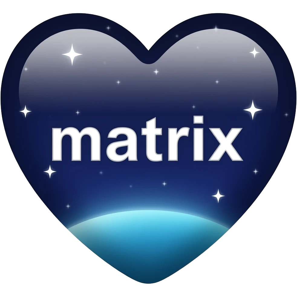 Heart shaped emoji. Night sky themed with dark colours and stars and space other space related things, realistic vibe. The word “matrix” in the middle emoji