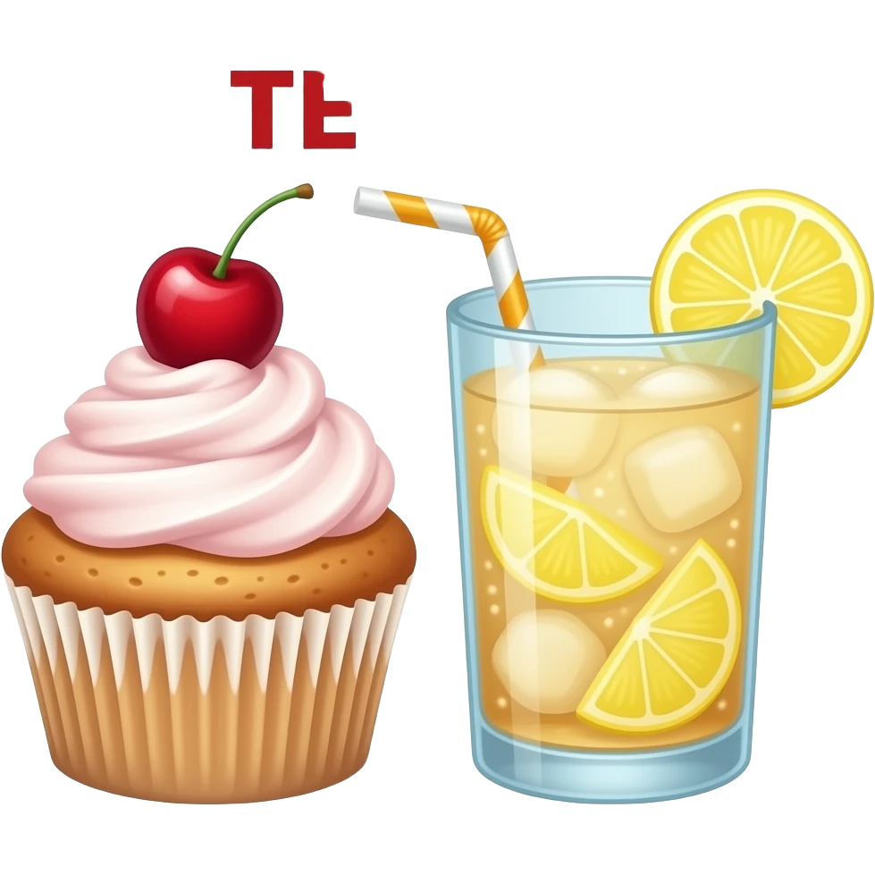a cherry cupcake and a glass of iced lemonade with a straw in it. The words ‘GOOD AFTERNOON’ in red over them emoji