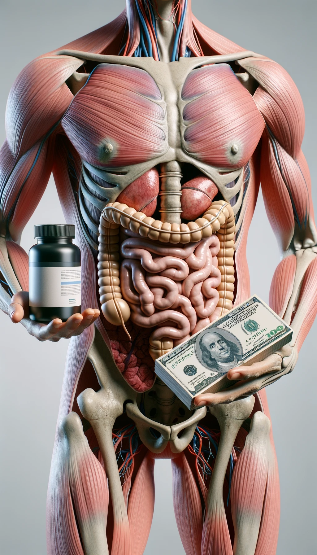 corpo umano anatomico con intestino umano anatomico realistico in evidenza che tiene nella mano destra una boccetta di integratore e nella mano sinistra delle banconote, sfondo neutro chiaro, iperrealistico 4k emoji