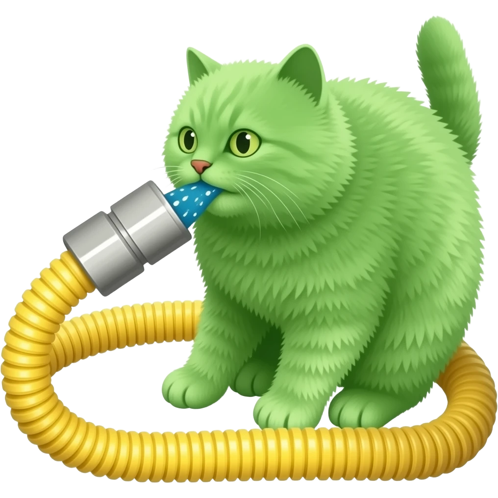 yellow flexible hose actively sucks a fluffy green cat into its opening.The hose is visibly bulging with the cat's form. emoji
