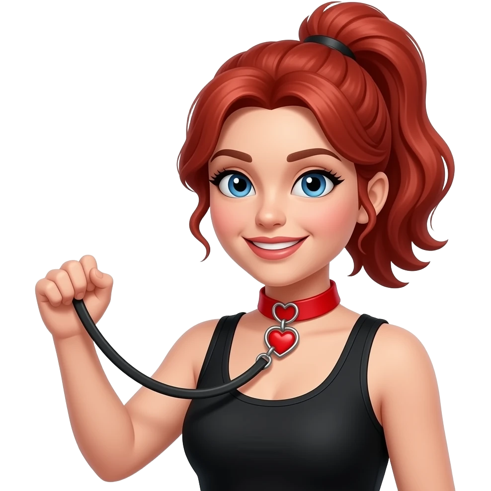 red hair in ponytail blue eyed woman in her 30's in red collar and leash, black tank top, leash held up not down but end out of frame heart shaped ring in centre front of collar emoji