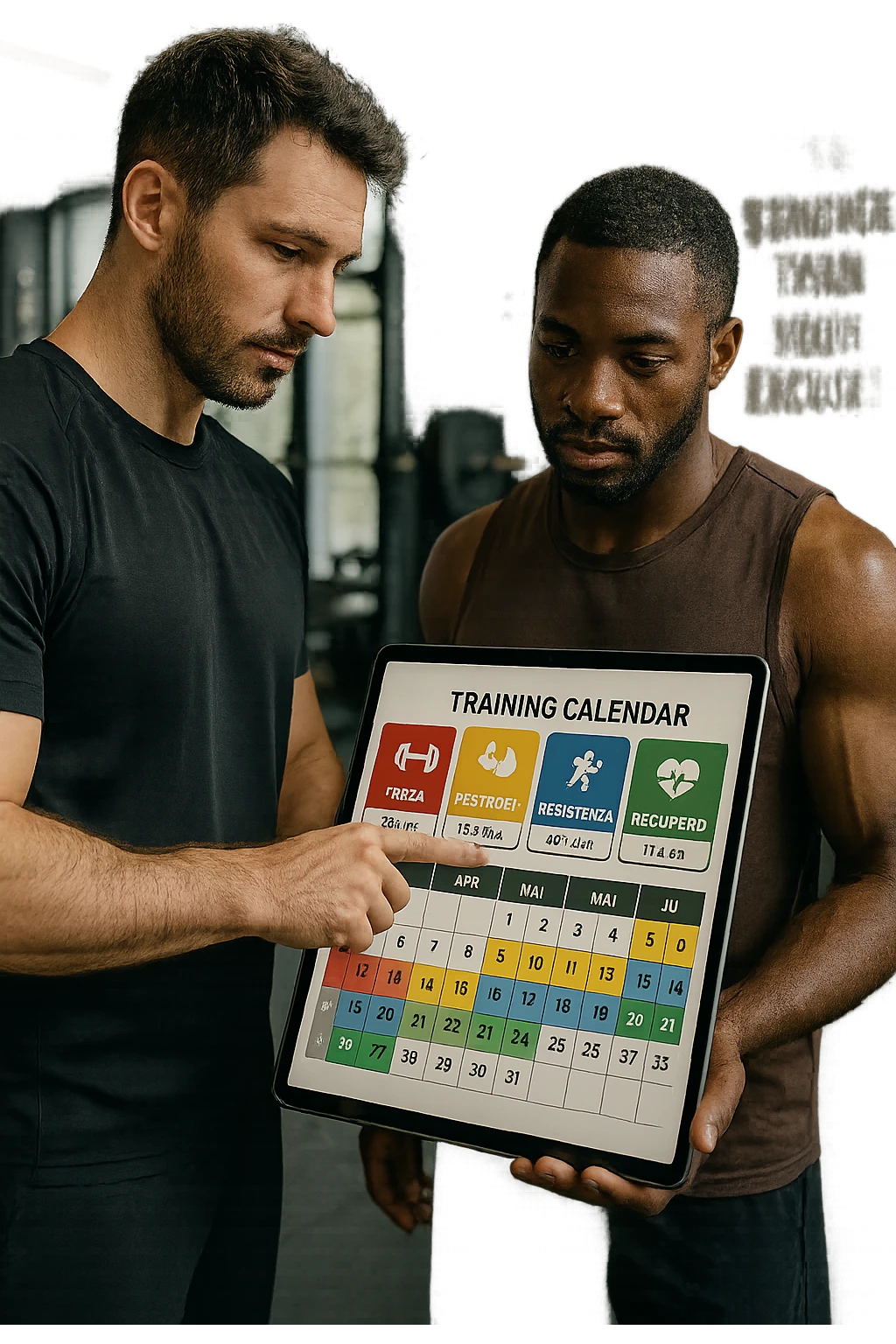 realistic cinematic photo a personal trainer and a client stand in a modern gym, reviewing a large, color-coded training calendar or chart on a tablet. The calendar shows different phases (Forza, Ipertrofia, Resistenza, Recupero) with icons and dates. Around them, gym equipment and motivational posters reinforce the idea of structured, periodized training. in italiano emoji