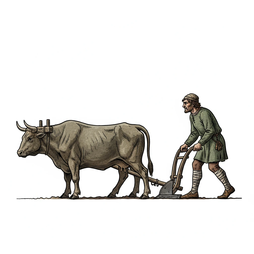 нарисуй строго в профиль средневекового мужчину с плугом и волами без фона emoji
