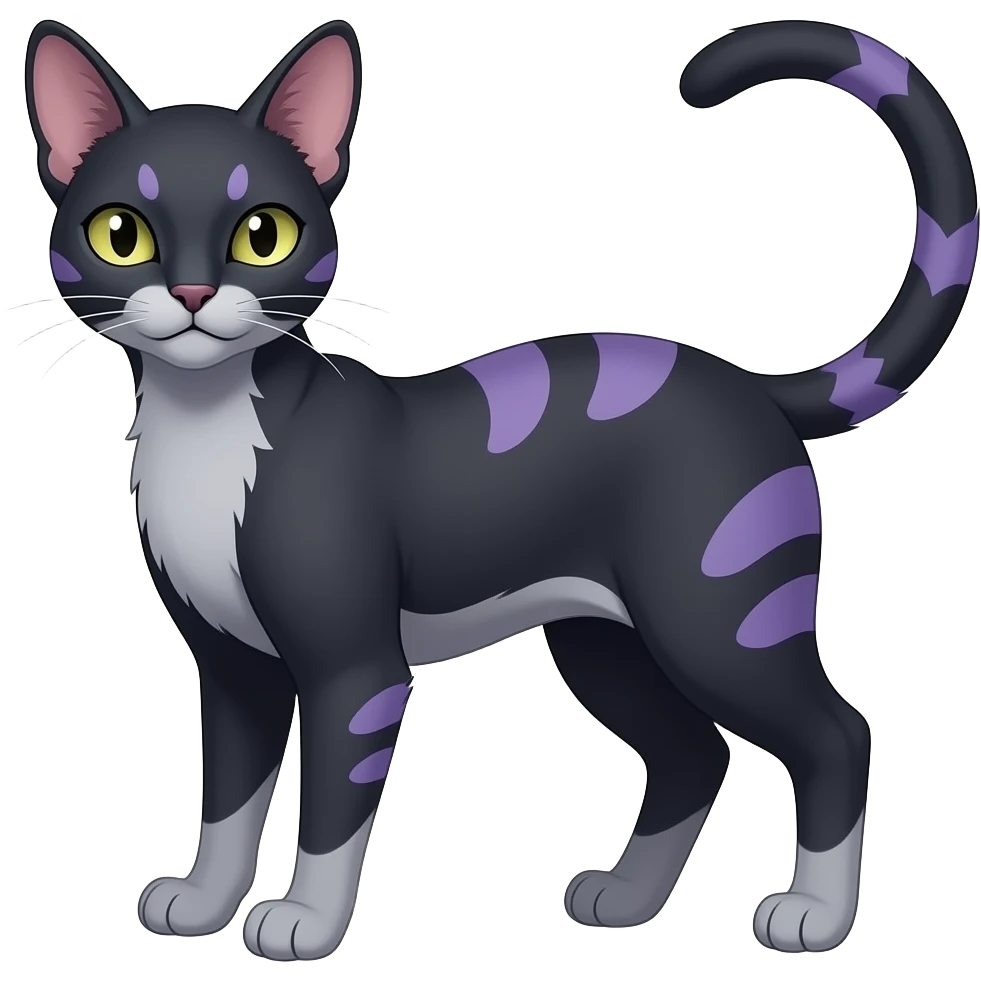 Abyssinian dark, oil-blackish oily greyish, purplish, whitish abyss-fantasy-Zorua-Sprigatito-Absol-feline-Fakémon-fusion, full body emoji