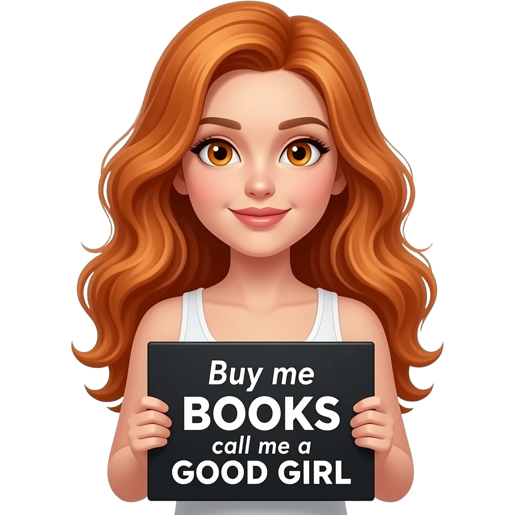 sexy girl with long wavy ginger hair and ginger eyes wearing a white tanktop is holding a black colored sign with Buy me BOOKS and call me a GOOD GIRL written on it emoji