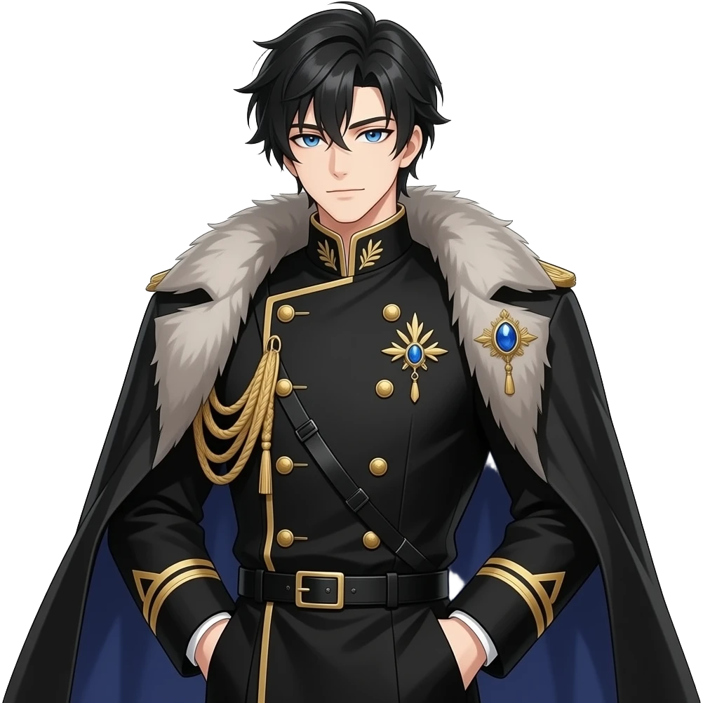 handsome muscular anime noble, jet black layered hair, piercing ocean-blue eyes, pale skin, sharp aristocratic features, wearing black navy high-collared military-style uniform with gold embroidery, gold-trimmed cuffs, gold-trimmed cuffs,gold epaulette with blue gemstone brooch,sharp fur-collar coat emoji