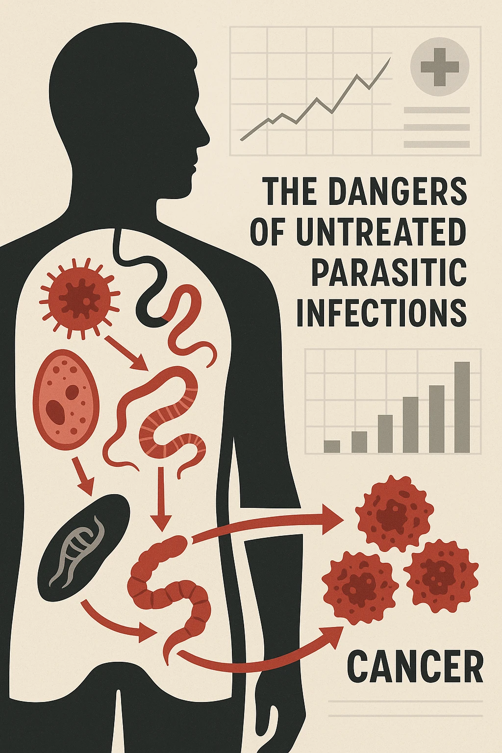 a man’s silhouette is filled with stylized images of parasites and tumor cells, connected by red lines or arrows to show cause and effect. The background features a medical chart or infographic about the dangers of untreated parasitic infections. The overall tone is serious and educational. scritto in italiano emoji