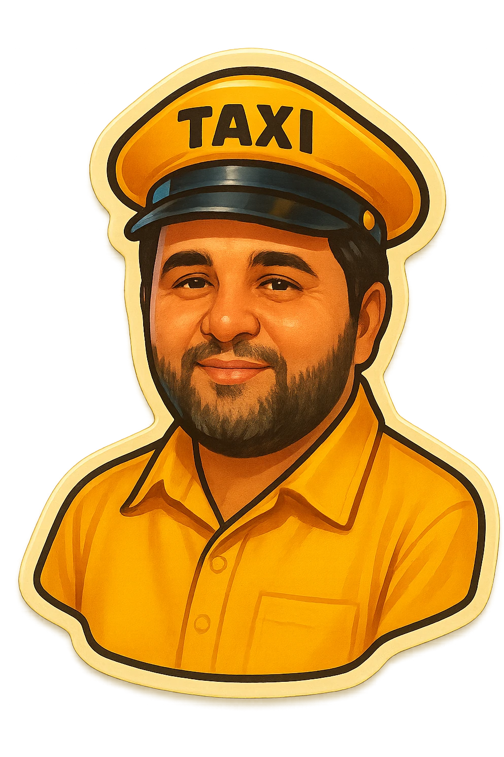 mana shu odam boshiga "taxi" deb yozilgan bosh kiyim kiygaz va sariq kiyimda xuddi taksi haydovchisidek tasvirla emoji