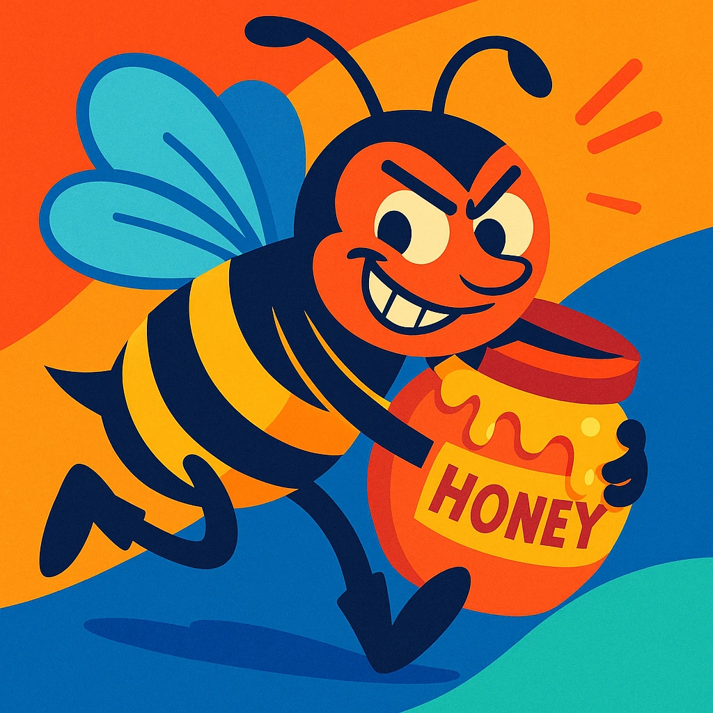 a mischievous bee thief, cartoon style, vibrant colors, playful emoji