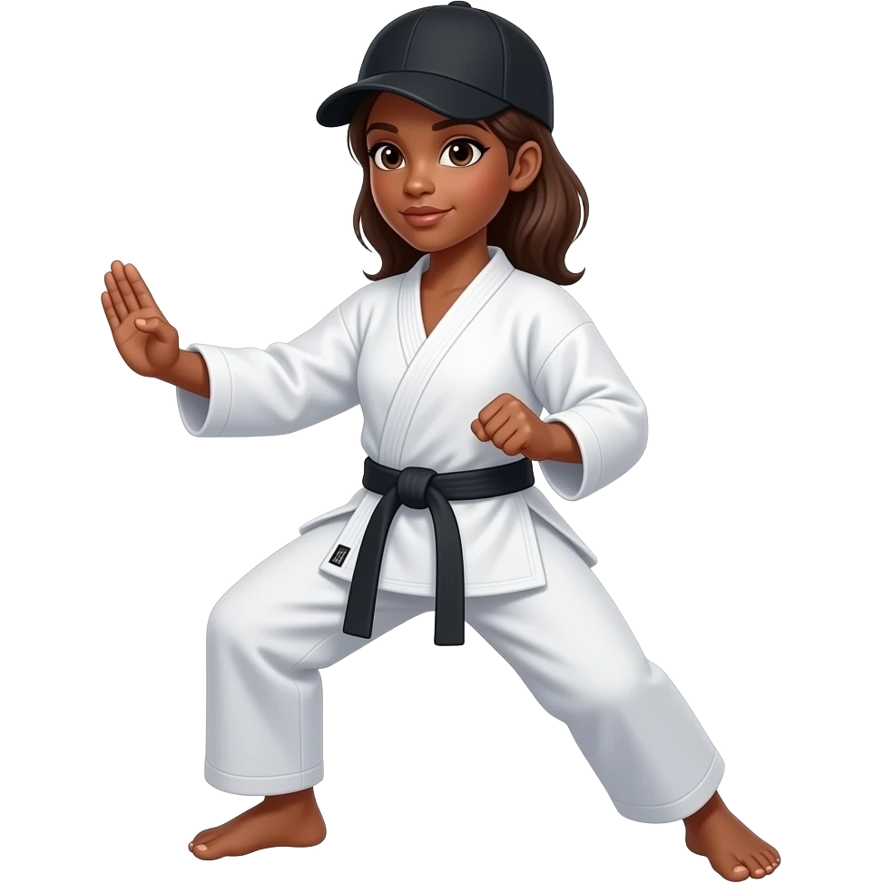 Brown skin woman black hat doing karate emoji