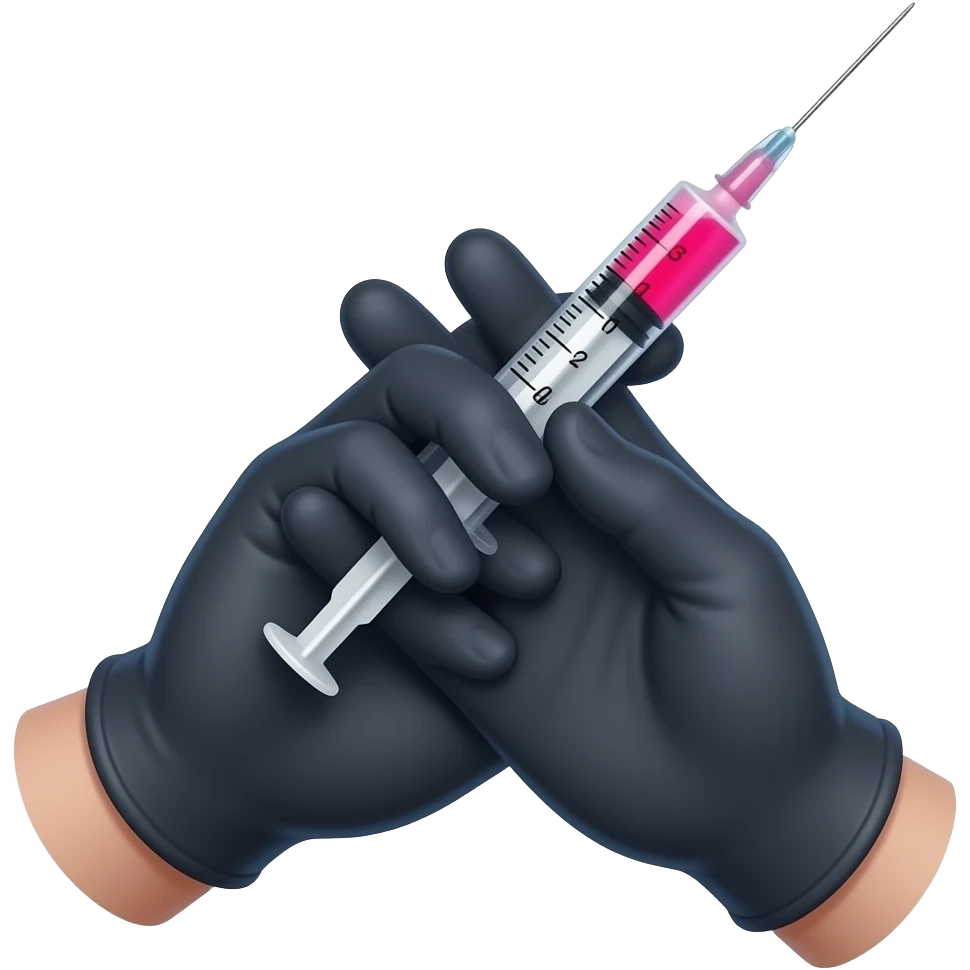 A gloved dainty male hand holding a syringe with glowing neon-red liquid inside. The glove is black but is dark-blue on the palm Side emoji