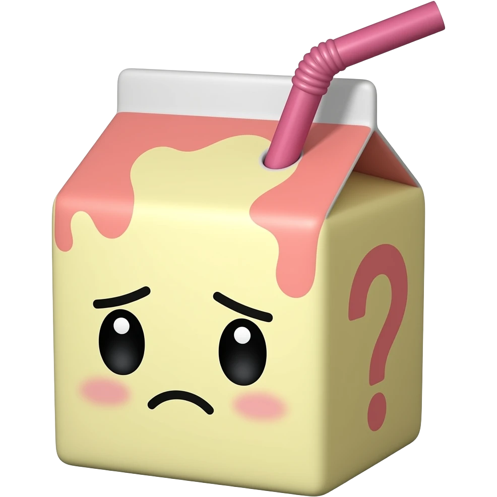 Kawaii juice box with a single raised eyebrow, confused facial expression and a question mark with a hot pink straw emoji