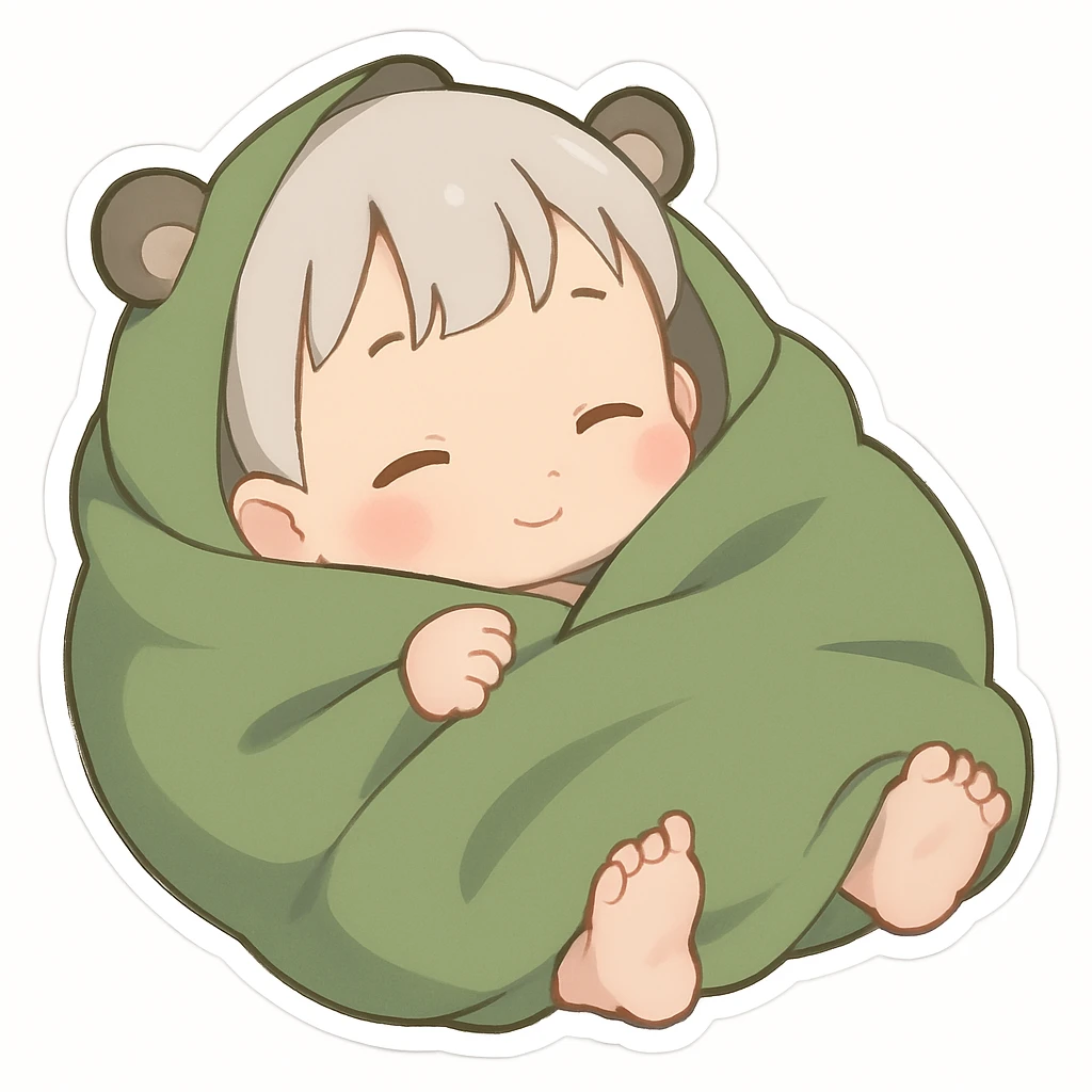 Draw a cute baby chibi body for this character, keeping her wrapped in a soft green blanket, with small hands or feet peeking out, in emoji sticker style with soft colors and an adorable expression. emoji