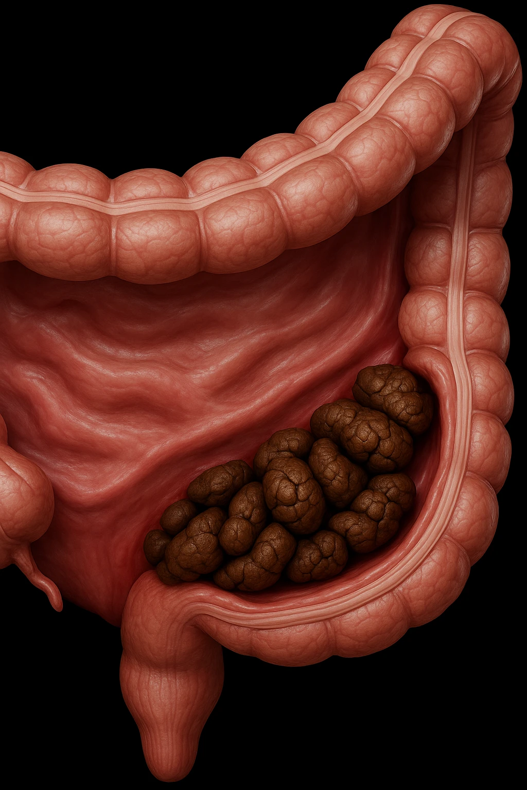 colon umano anatomico con feci a pallini all'interno, stipsi, iperrealistico 4k emoji