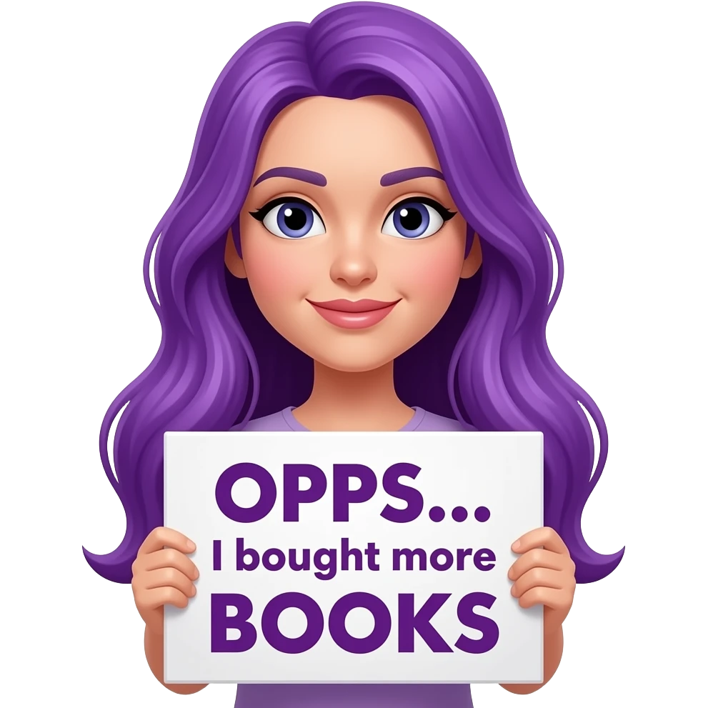 sexy girl with long purple hair holding a OOPS... I bought more BOOKS sign emoji