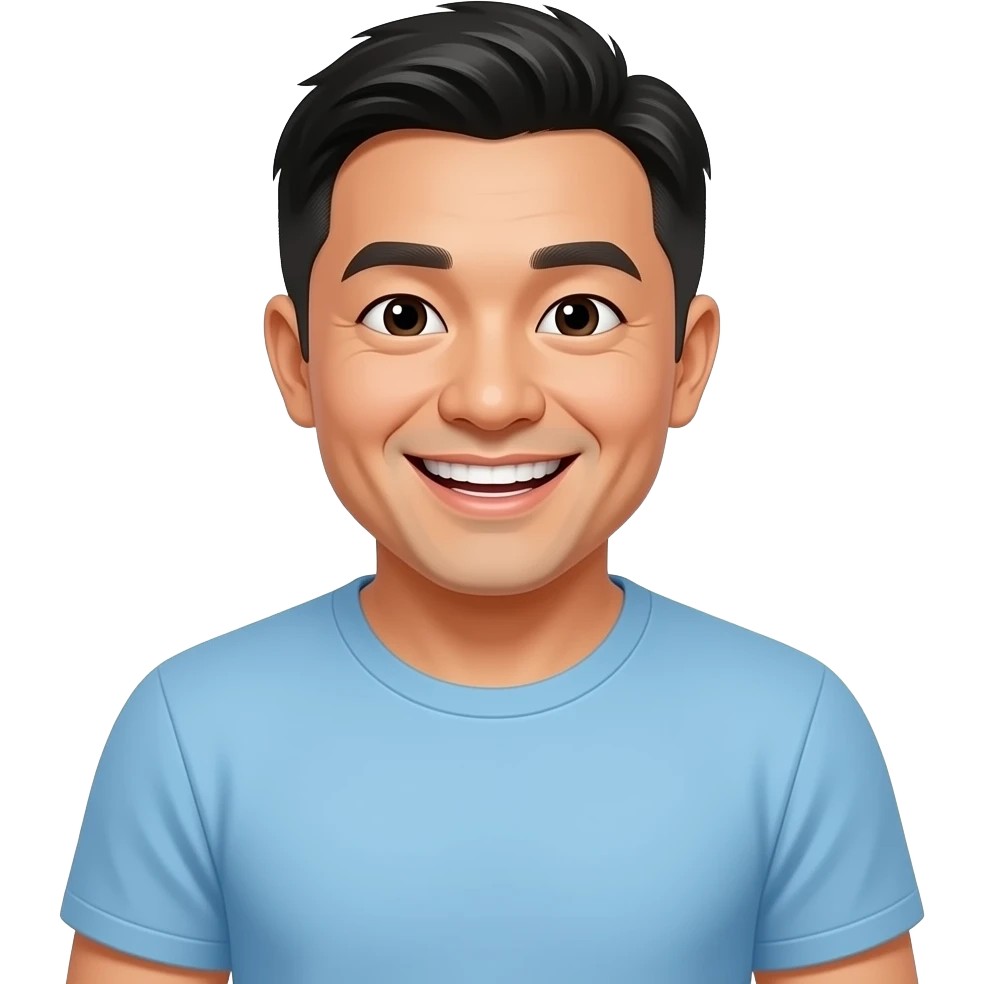 ulgy aisan fat man wearing a light blue t-shirt, smile with teeth emoji