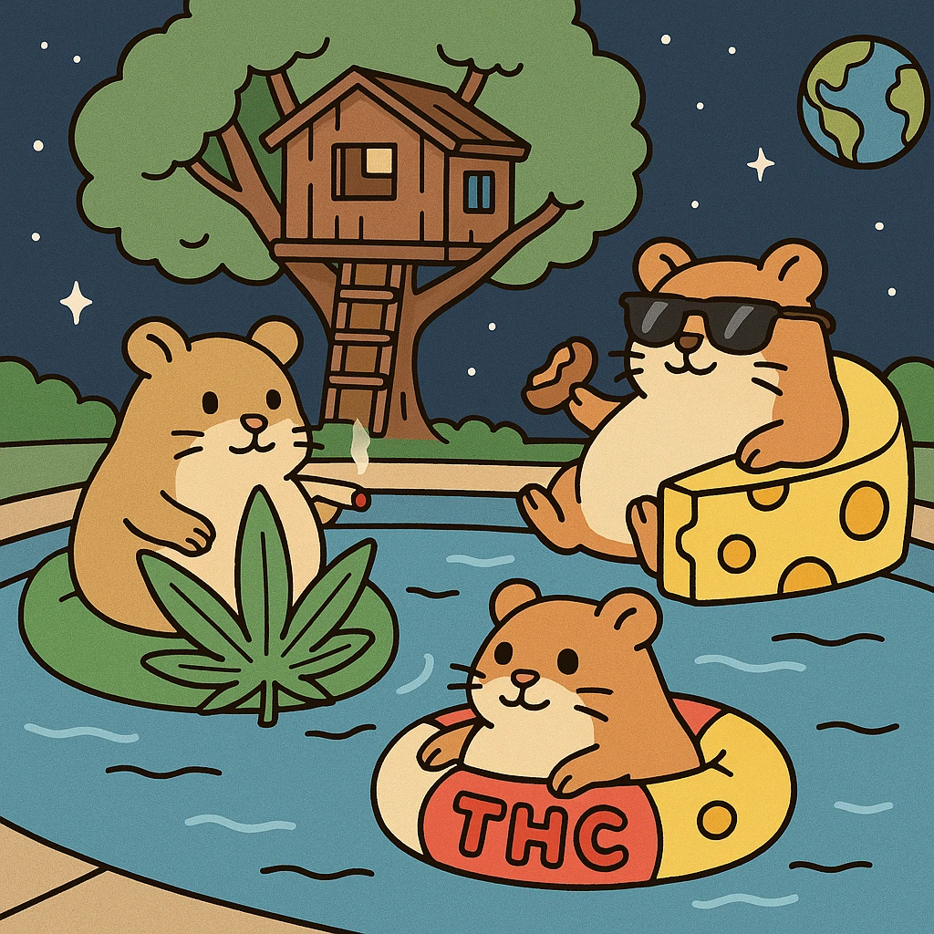 Discord server icon, square format, summer pool cookout scene with up to 3 hamsters floating on pool toys, weed leaf, cheese, and THC theme, near a treehouse, in space. Flat toon style, soft but colorful, bold outlines, nostalgic, fun, inviting, summer party vibe, clear composition, less vibrant colors, designed to look good even at tiny size. emoji