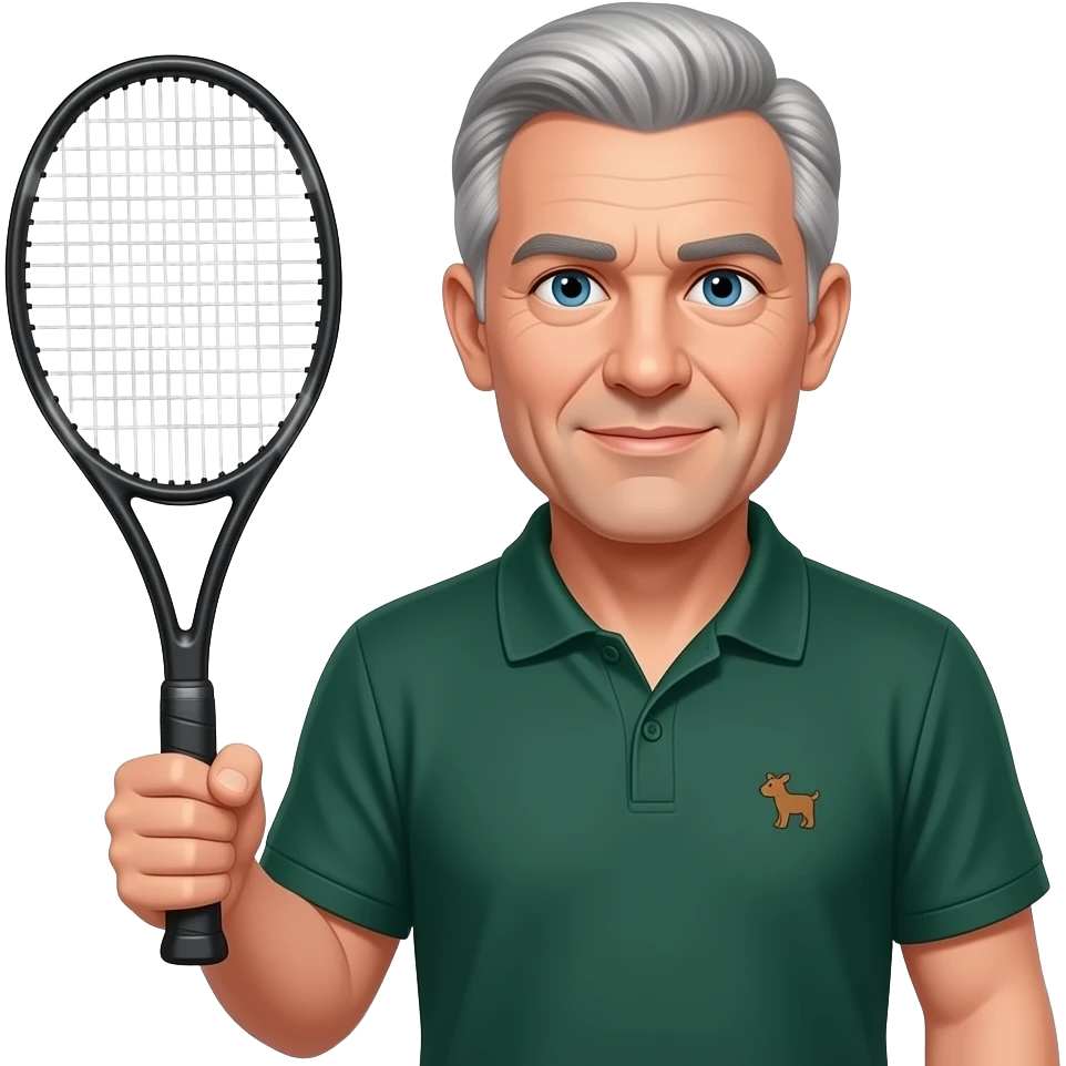 man, 60s aged, thin grey hair, blue eyes, tennis racket in right hand, dark green polo, small animal logo, no beard emoji