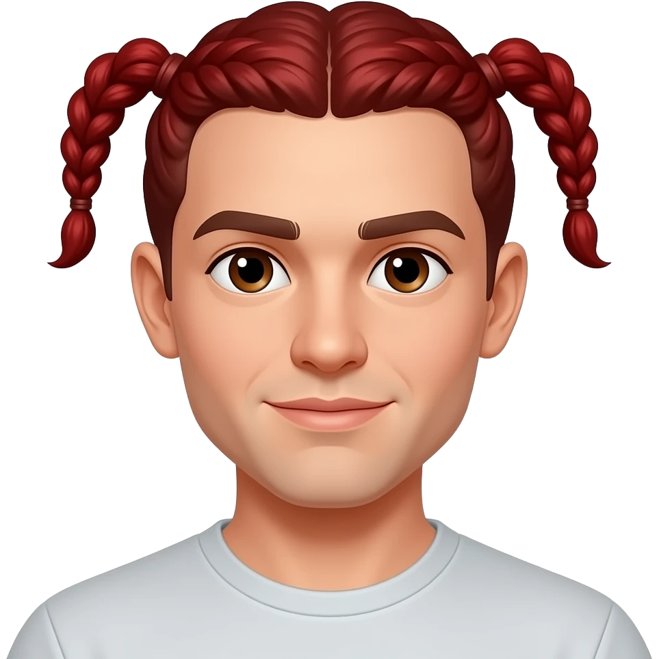 Faz me um homem com 2 tranças vermelhas com elas para traz da cabeça para que n apareça sem barba com olhos castanhos emoji