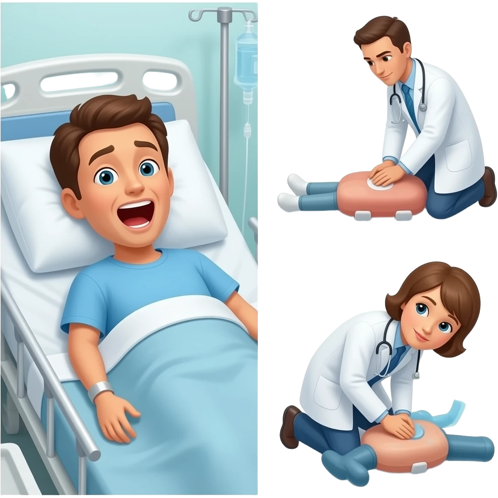 person laying in hospital bed. a doctor is trying to perform CPR. the person laying in the bed is saying "NO! STOP!" emoji