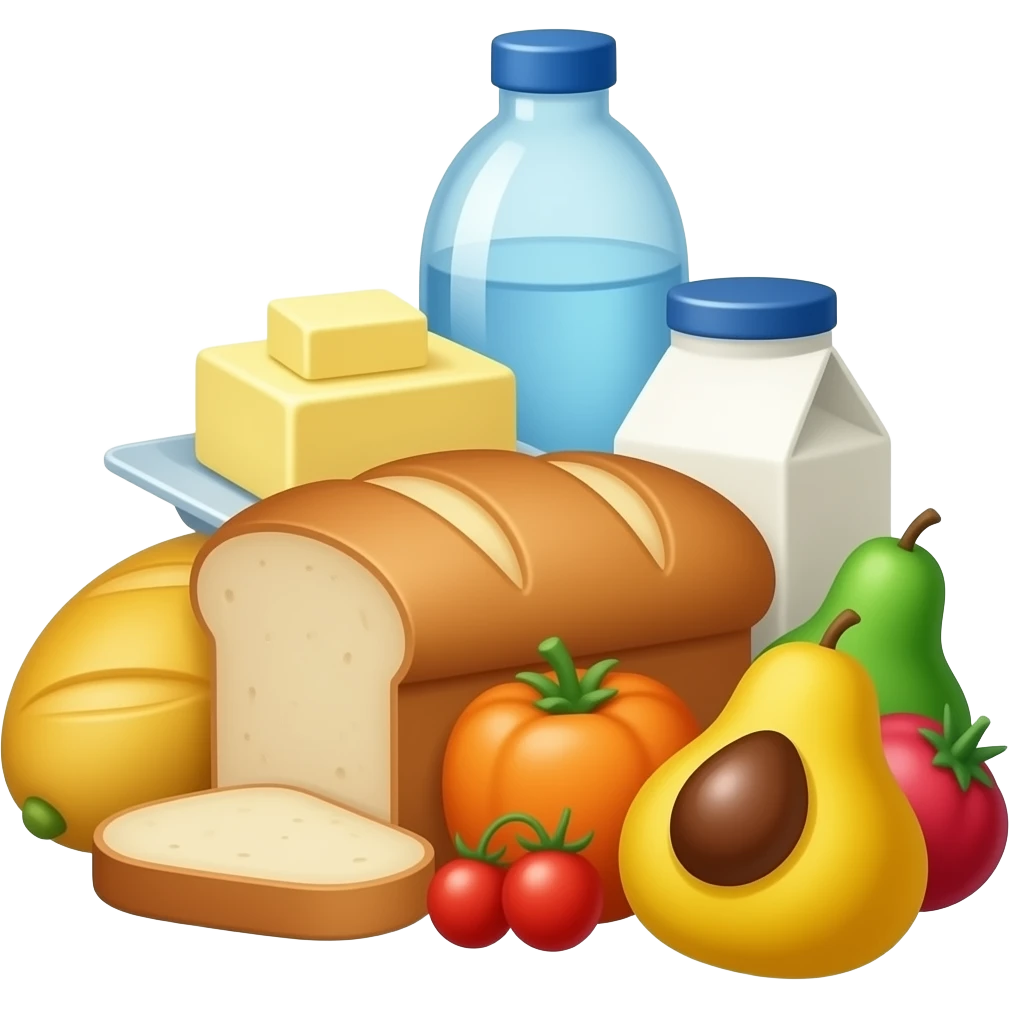 a pile of food items such as bread, butter, water, milk, vegetables, fruits, etc. emoji