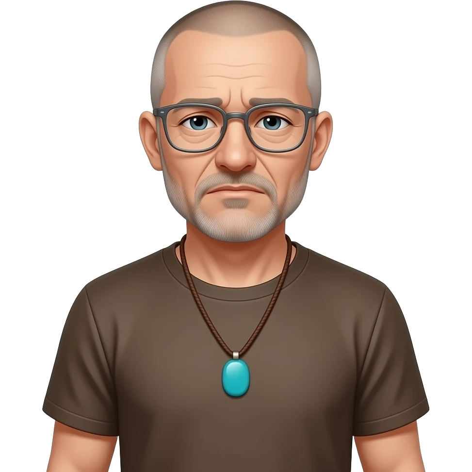 pendant without a clasp Turquoise pendant on brown paracord t shirt sad almost bald shaved short hair full-length photo of extreme streetwear clean-shaven face cool boy thin metal-framed glasses ery entellectual man, 60 years old, street wear stubble, shaved short with clippers emoji
