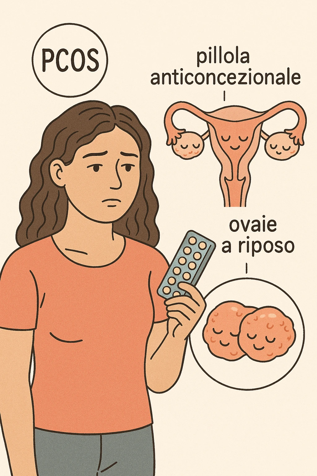 Donna con pcos che prende la pillola, e la pillola mette a riposo le ovaie in italiano emoji