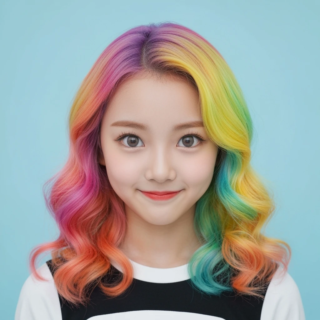 kpop girl with rainbow hair, cute, expressive, minimal emoji