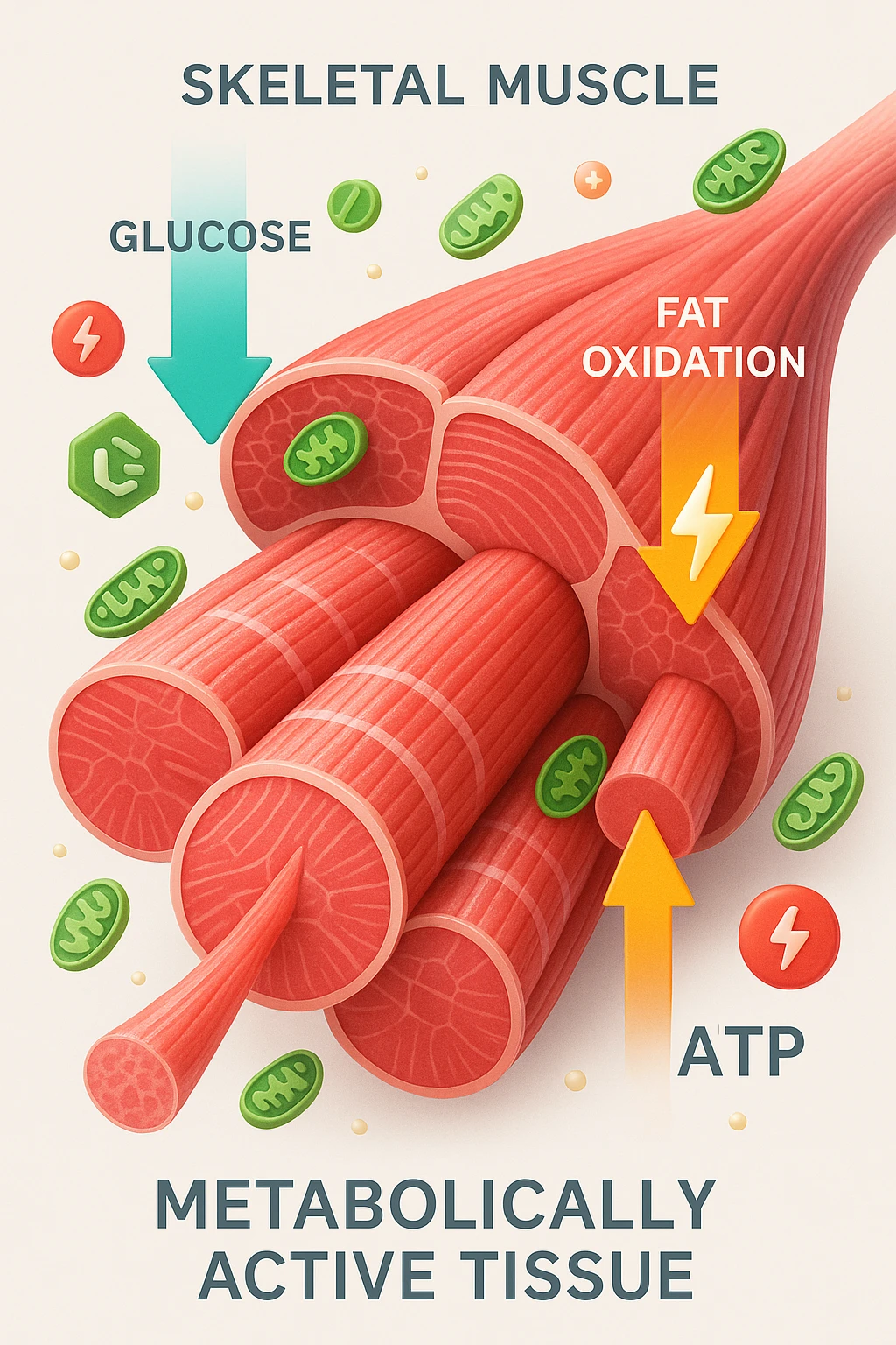 a highly detailed cross-section of human skeletal muscle fibers, shown in vibrant red and pink tones, with visible striations and realistic texture. Glowing arrows and animated icons represent active metabolic processes—such as glucose uptake, fat oxidation, and ATP production—occurring within the muscle tissue. Surrounding the muscle, floating symbols for mitochondria and energy highlight its metabolic activity. The background is clean and clinical, with subtle labels and infographics explaining that muscle is a metabolically active tissue. The overall style is modern, scientific, and visually engaging, suitable for educational or medical use. in italiano emoji