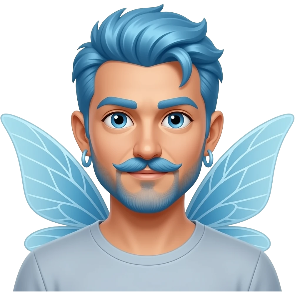 fairy face with very blue hair, man, fairy wings sticking out behind shoulders, and big earrings and mustache emoji