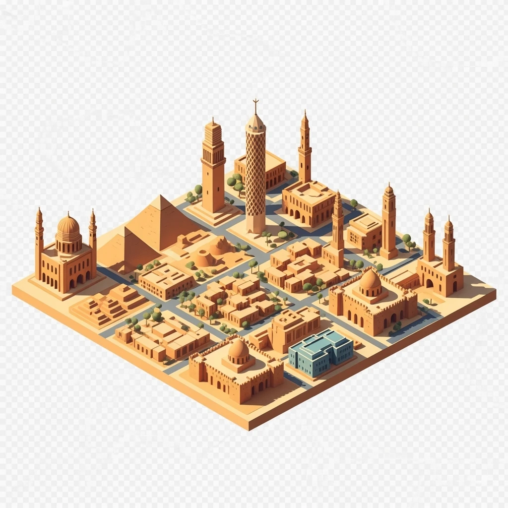 Isometric minimalistic illustration of Cairo, subtle 3D miniature effect and Tilt Shift effect, no cartoonish look, transparent background. emoji