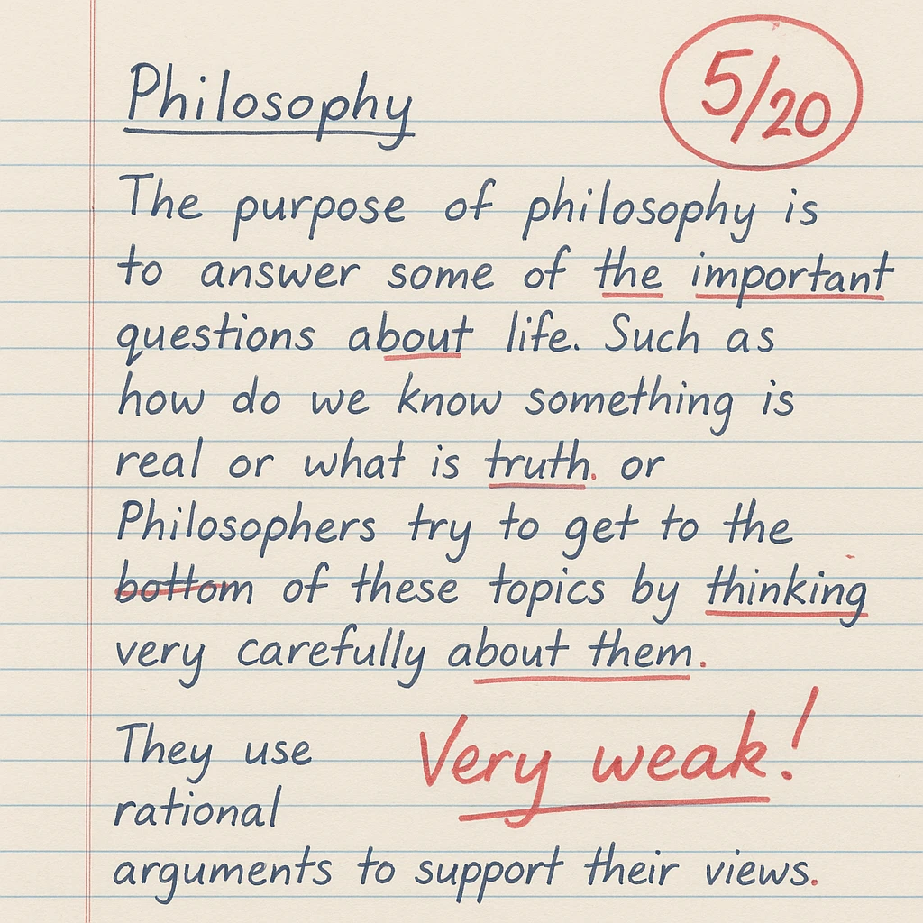 handwritten philosophy paper, high school, lined paper, blue ink, grade 5/20 circled in red, teacher's comment in red, a few red marks and corrections emoji