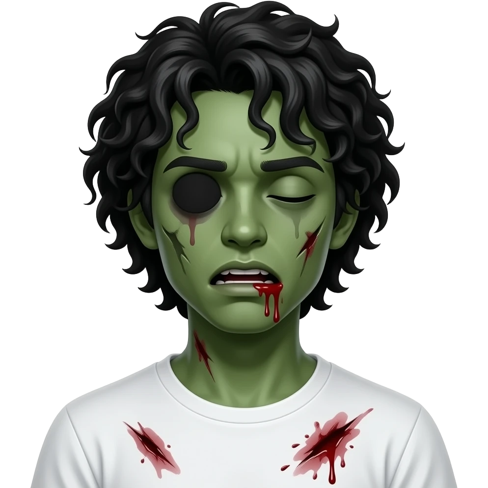dark green skin zombie, black long curly 3c type hair hanging over forehead , mouth slightly open with blood leaking out of mouth, wounds and on zombie, white regular tee shirt, a young teenager, no wrinkles on face at all, eyes blacked out all the way with one eye shut, bloody cuts, one eye shut emoji