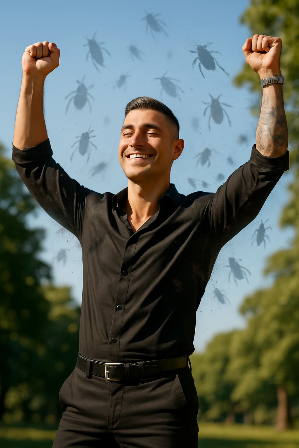 a man stands outdoors in bright sunlight, arms raised in relief and joy, while faint, shadowy silhouettes of parasites fall away from his body and dissolve into the air. His posture is upright and energetic, his expression serene and healthy. The background features green trees and a clear sky, emphasizing liberation and restored well-being. emoji