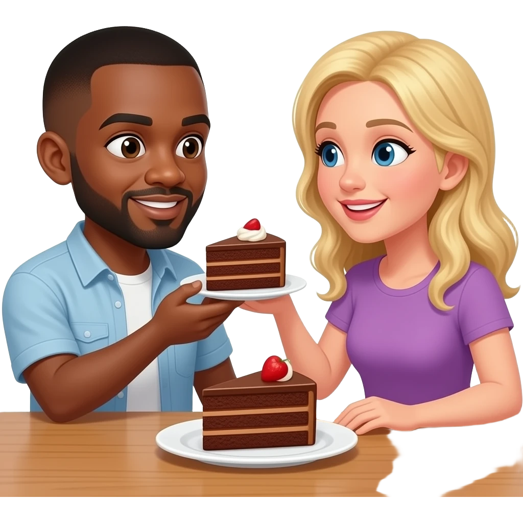 Black man with shaved head and blonde woman eating cake together emoji