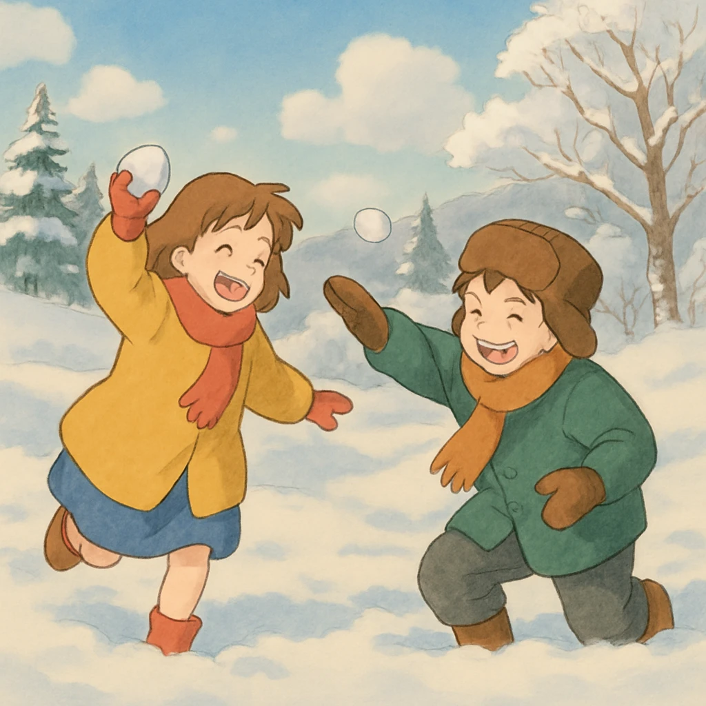 joyful snowball fight, soft colors, snowy landscape emoji
