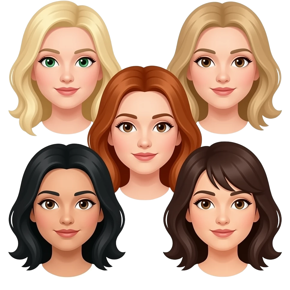 5 amigas-1 rubia ojos verdes-1 rubia ojos cafes-1 peliroja ojos cafes y morena claro-1 pelinegra ojos cafes piel clara -1 peli castaña clara ojos cafes claros emoji