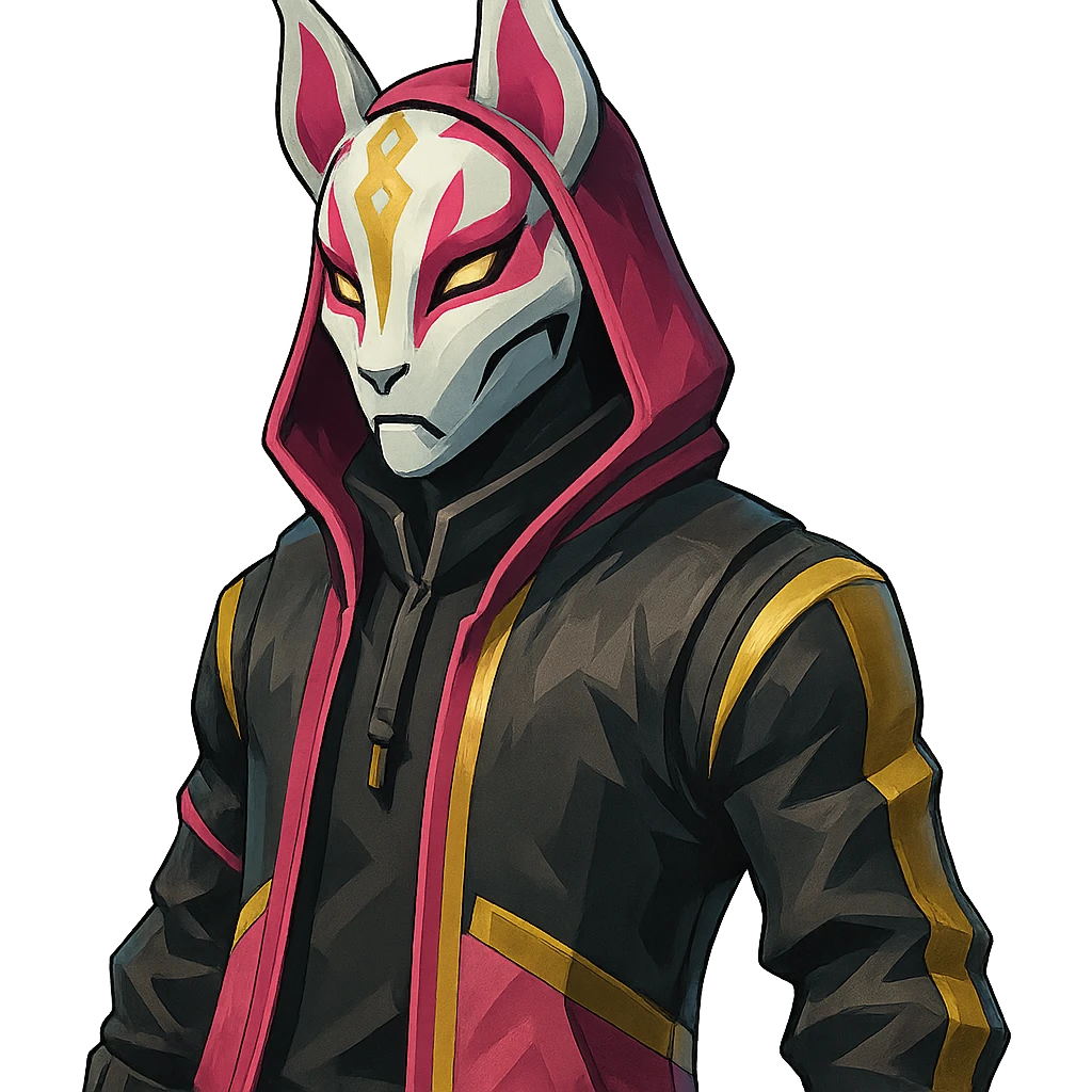 Fortnite Drift skin, masked character with fox mask, pink and gold accents, hoodie, stylized, no text emoji