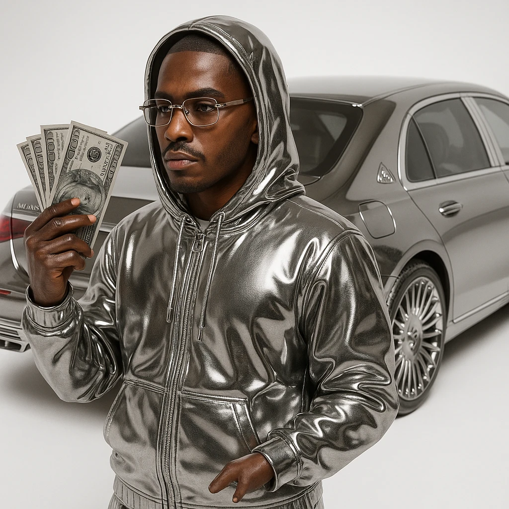 chrome-inspired icon of a person with realistic light brown complexion, lifelike facial details, and a hand with a naturally missing finger, wearing reflective chrome hoodie and outfit, Cartier glasses, holding authentic-looking US dollar bills instead of money, with a Maybach car behind the figure, bold iconic chrome style emoji